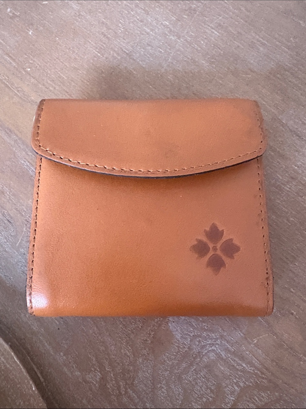 Patricia Nash Cognac Leather Fold Wallet with Floral Motif
